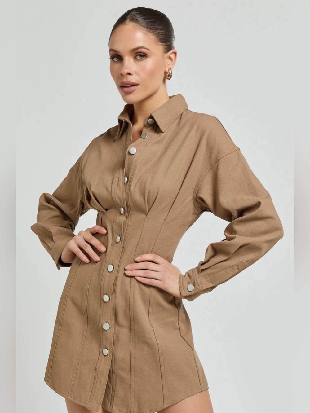 Showpo Sofia Button Through Long Sleeve Mini Dress In Mocha